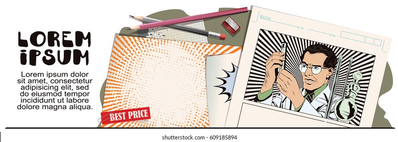 Stock illustration. People in retro style. Presentation template. Scientist working at the laboratory. Advertising your products.