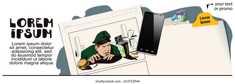 Stock illustration. People in retro style. Presentation template. A hungry man in uniform looks at food. Advertising your products.