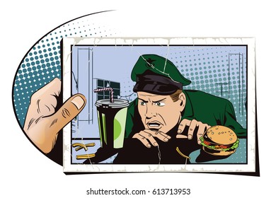 Stock illustration. People in retro style. Presentation template. A hungry man in uniform looks at food. Hand with photo.