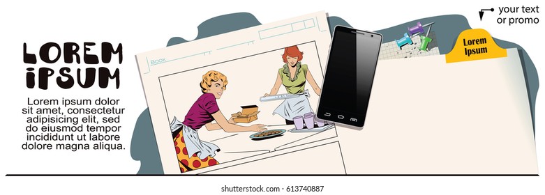 Stock illustration. People in retro style. Presentation template. Girls in kitchen serve the table. Advertising your products.