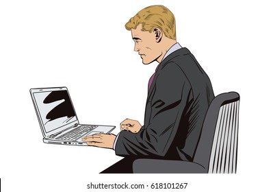 Stock illustration. People in retro style pop art and vintage advertising. Businessman working on notebook.