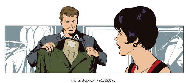 Stock illustration. People in retro style pop art and vintage advertising. Man talking to a saleswoman in a clothing store.