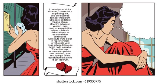 Stock illustration. People in retro style pop art and vintage advertising. Departing train. Girl is sad after parting.