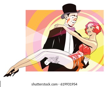 Stock illustration. People in retro style pop art and vintage advertising. Clown is holding a girl in her arms.