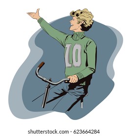 Stock illustration. People in retro style pop art and vintage advertising. Boy riding a bike.