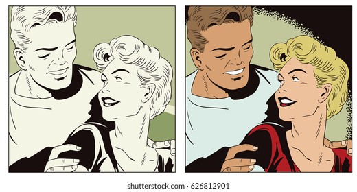 Stock illustration. People in retro style pop art and vintage advertising. Man embrace and is talking to woman.