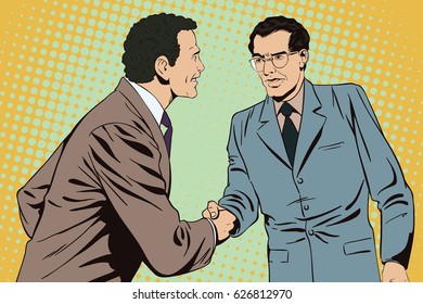 Stock Illustration. People In Retro Style Pop Art And Vintage Advertising. Two Business Man Shaking Hands.