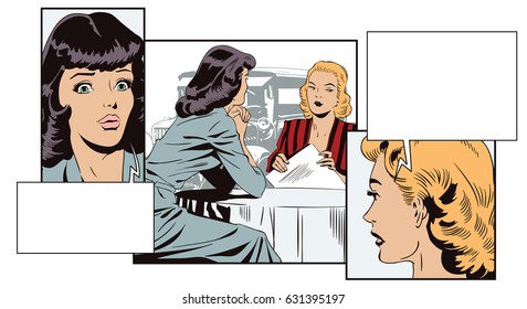 Stock illustration. People in retro style pop art and vintage advertising. Two women are talking.
