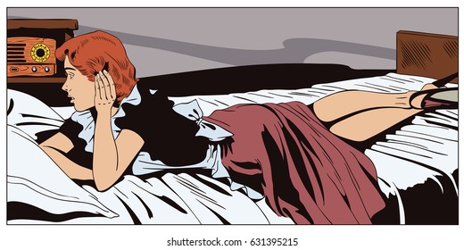Stock illustration. People in retro style pop art and vintage advertising. Girl is lying on bed listening to radio.