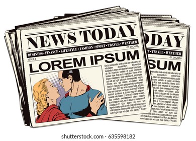 Stock illustration. People in retro style pop art and vintage advertising. Superhero says goodbye to girl.