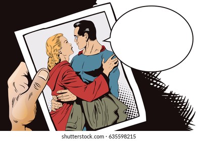 Stock illustration. People in retro style pop art and vintage advertising. Superhero says goodbye to girl.