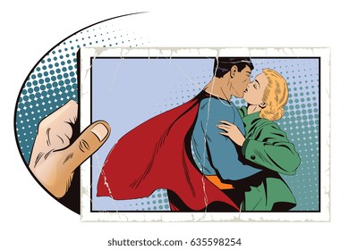 Stock illustration. People in retro style pop art and vintage advertising. Superhero says goodbye to girl.