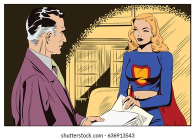 Stock illustration. People in retro style pop art and vintage advertising. A businessman gives an assignment to a girl in a superhero costume.