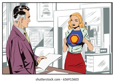Stock illustration. People in retro style pop art and vintage advertising. A businessman gives an assignment to a girl in a superhero costume.