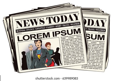 Stock illustration. People in retro style pop art and vintage advertising. A girl dressed as a superhero among people.