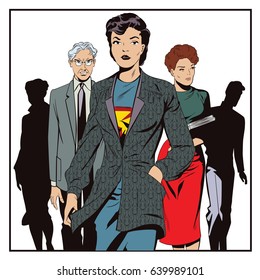 Stock illustration. People in retro style pop art and vintage advertising. A girl dressed as a superhero among people.