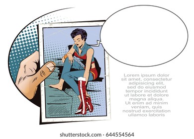 Stock illustration. People in retro style pop art and vintage advertising. Girl in superhero costume undresses.