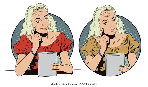Stock illustration. People in retro style pop art and vintage advertising. Portrait a dreaming girl.