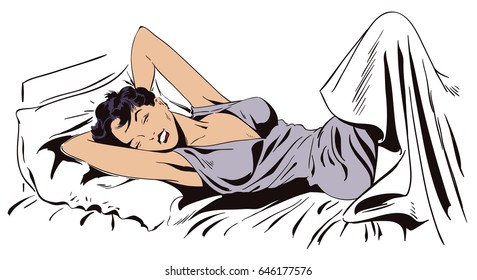 Stock illustration. People in retro style pop art and vintage advertising. Woman stretching in bed