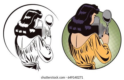 Stock illustration. People in retro style pop art and vintage advertising. Girl with an old camera.