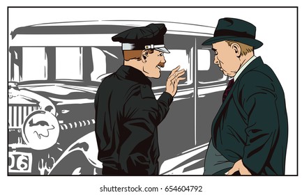 Stock illustration. People in retro style pop art and vintage advertising. Detective and policeman near an antique car.