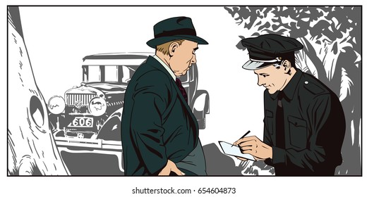 Stock illustration. People in retro style pop art and vintage advertising. Detective and policeman near an antique car.