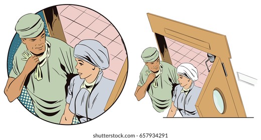 Stock Illustration. People In Retro Style Pop Art And Vintage Advertising. Doctor And Nurse At Door To Operating Room