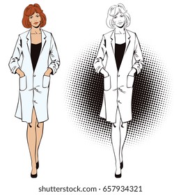 Stock illustration. People in retro style pop art and vintage advertising. Beautiful girl in medical dressing.