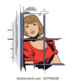 Stock Illustration. People In Retro Style Pop Art And Vintage Advertising. Beautiful Sad Girl In Window.