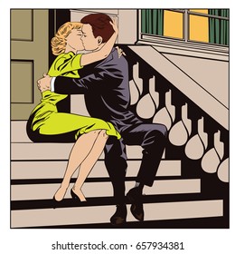 Stock illustration. People in retro style pop art and vintage advertising. Loving couple.