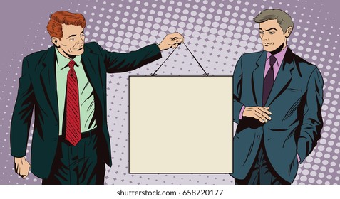 Stock illustration. People in retro style pop art and vintage advertising. Man with sign.