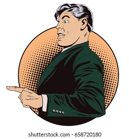 Stock illustration. People in retro style pop art and vintage advertising. Casual businessman pointing.