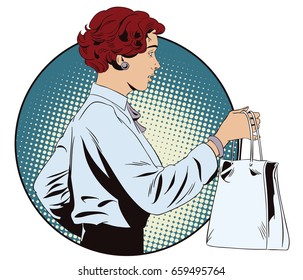 Stock illustration. People in retro style pop art and vintage advertising. Woman stretches out shopping bag.