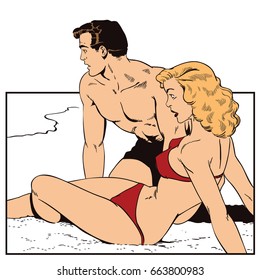 Stock illustration. People in retro style pop art and vintage advertising. People on beach.