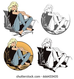 Stock illustration. People in retro style pop art and vintage advertising. Beautiful young woman sitting on couch.