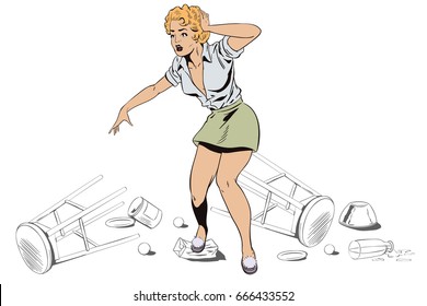 Stock Illustration. People In Retro Style Pop Art And Vintage Advertising. Stressed Young Woman At Messy Room.