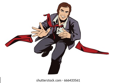 Stock illustration. People in retro style pop art and vintage advertising. Running business man.