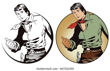 Stock illustration. People in retro style pop art and vintage advertising. Casual cowboy pointing.