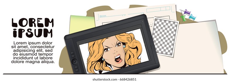 Stock illustration. People in retro style. Presentation template. Young beautiful woman screams in fury. Advertising your products.