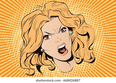 Stock illustration. People in retro style. Presentation template. Young beautiful woman screams in fury.