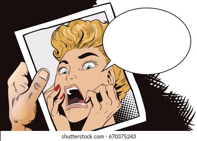 Stock illustration. People in retro style. Presentation template. Young beautiful woman screams on fear. Hand with photo.