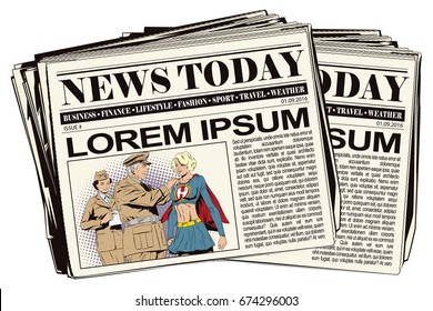 Stock illustration. People in retro style pop art and vintage advertising. Beautiful girl superhero awarded a medal. Newspaper article.