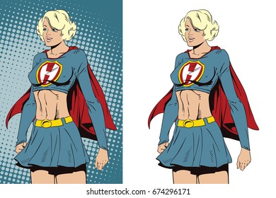 Stock illustration. People in retro style pop art and vintage advertising.  Beautiful girl superhero.