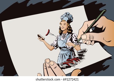 Stock illustration. People in retro style. Beautiful young woman is preparing a barbecue. Hand paints picture on tablet.