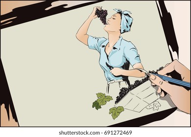 Stock illustration. People in retro style. Beautiful young woman collects and eats grapes.