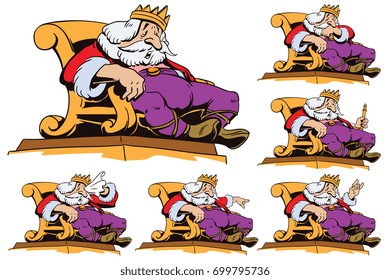 Stock illustration. People in retro style pop art and vintage advertising. King on the throne in different poses.