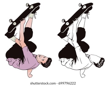 Stock illustration. People in retro style pop art and vintage advertising. Skateboarder boy jumping.