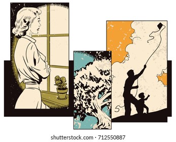 Stock illustration. People in retro style pop art and vintage advertising. Collage on theme of family values.