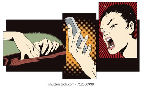 Stock illustration. People in retro style pop art and vintage advertising. Collage on theme communication. Girl with telephone.