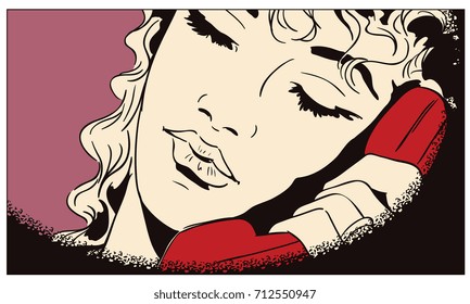 Stock illustration. People in retro style pop art and vintage advertising. Girl with telephone.